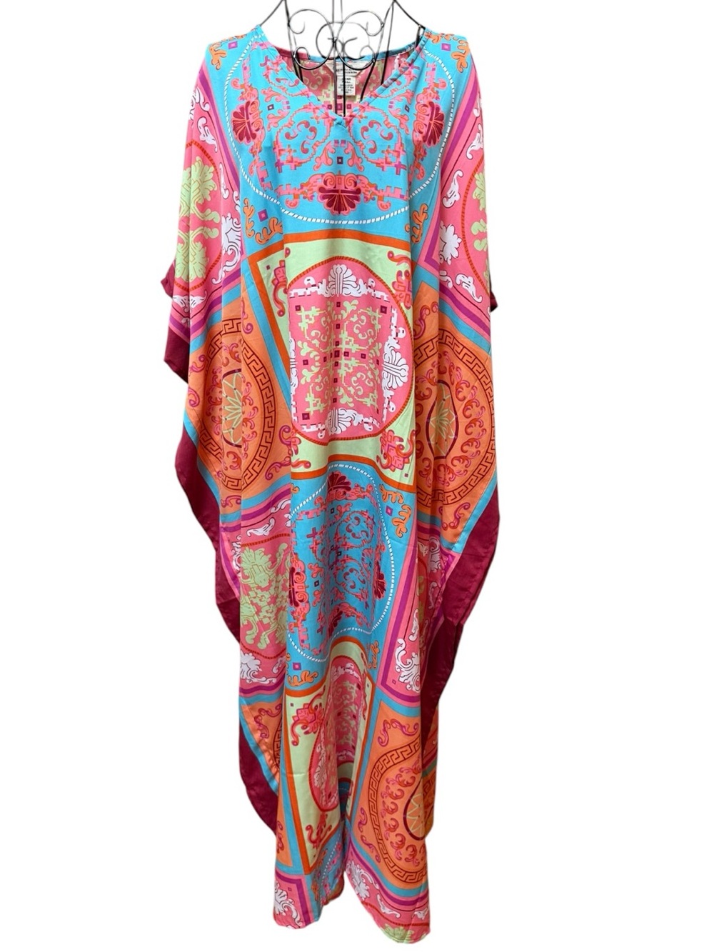 Satin Multicolor Printed Beach Caftan - Turquoise & Pink One size